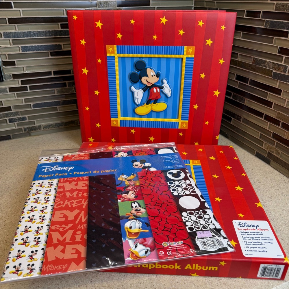 VTG Disney Mickey Mouse 12x12 Scrapbook Album & 12-Sheet Paper Set New in Box